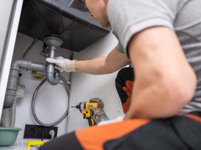 Professional Plumber Unclogging a Kitchen Sink